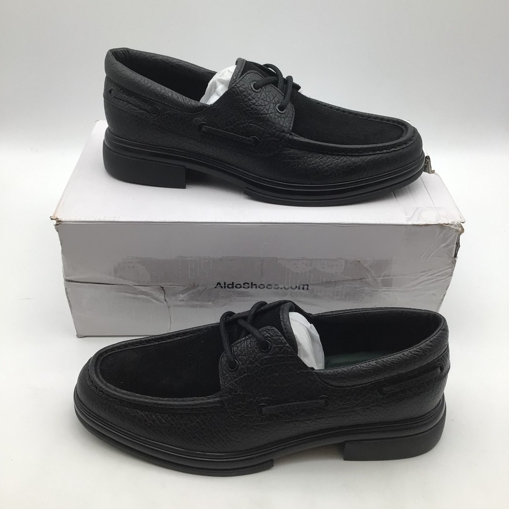 Aldo Seaexplorer Mens Black‎ Pebbled Leather Suede Boat Shoes Size 9.5 D NEW